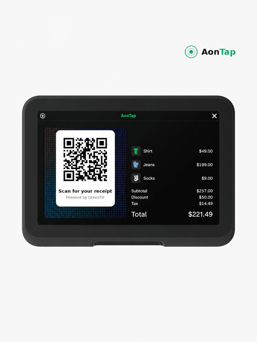 AonTap Display showing a QR code to scan for the receipt